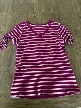 Izod Magenta and White Striped V-Neck Tie-Sleeve Top